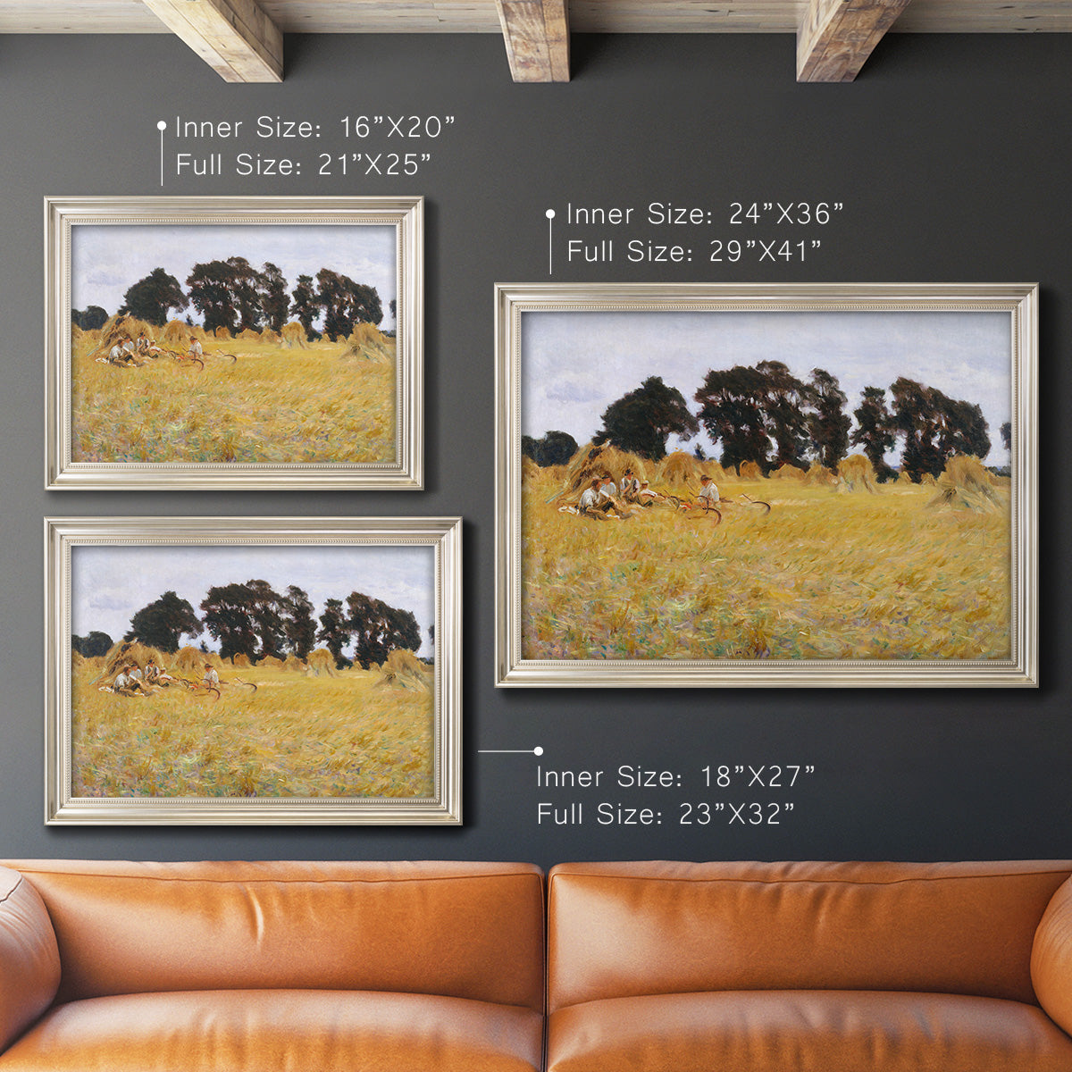 Impressionist rural harvest scene by John Singer Sargent in an ornate champagne frame shown in multiple size options.