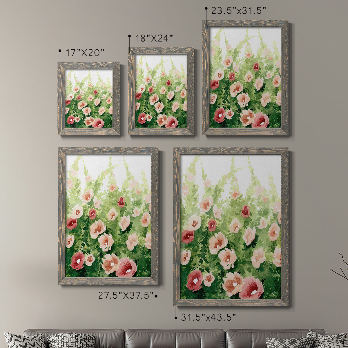 Size comparison chart for a set of two gray barnwood framed canvas prints.