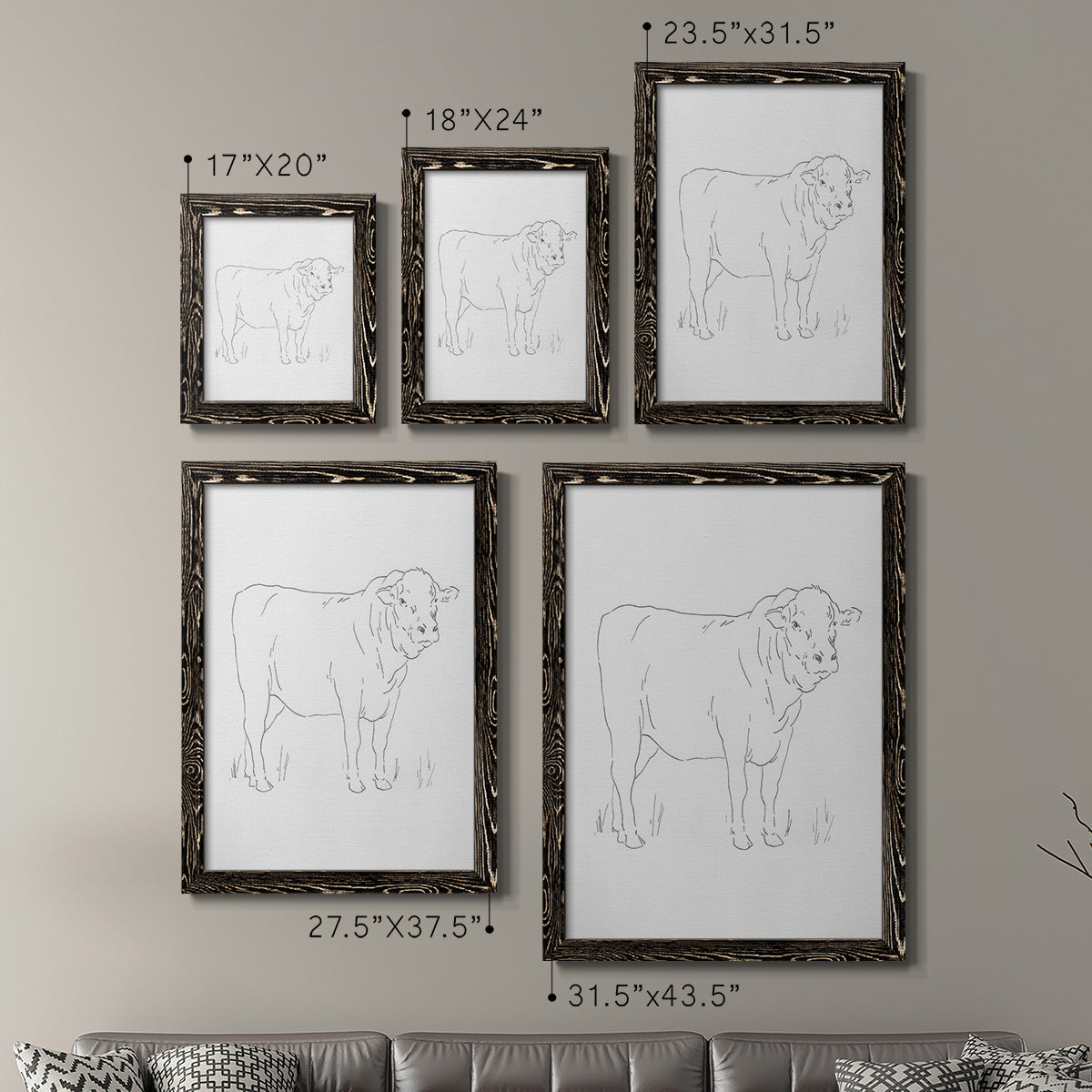 Size comparison chart for a set of two black barnwood framed canvas prints.