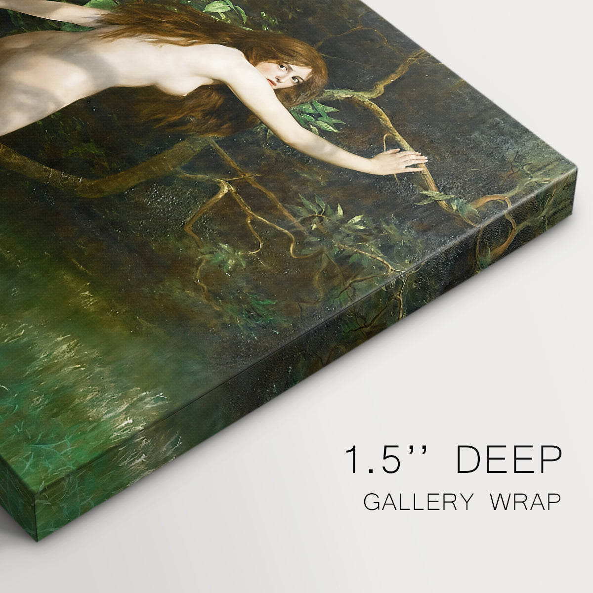 Canvas art print of a nude female figure standing in natural setting, highlighting texture and gallery-wrapped edges