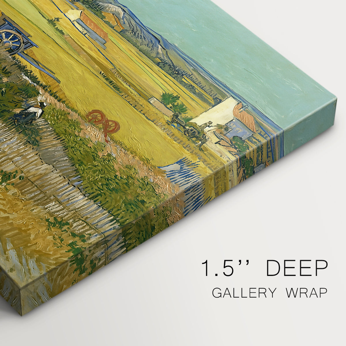 Canvas art print of an expansive farmland with workers harvesting crops under bright sky, highlighting texture and gallery-wrapped edges