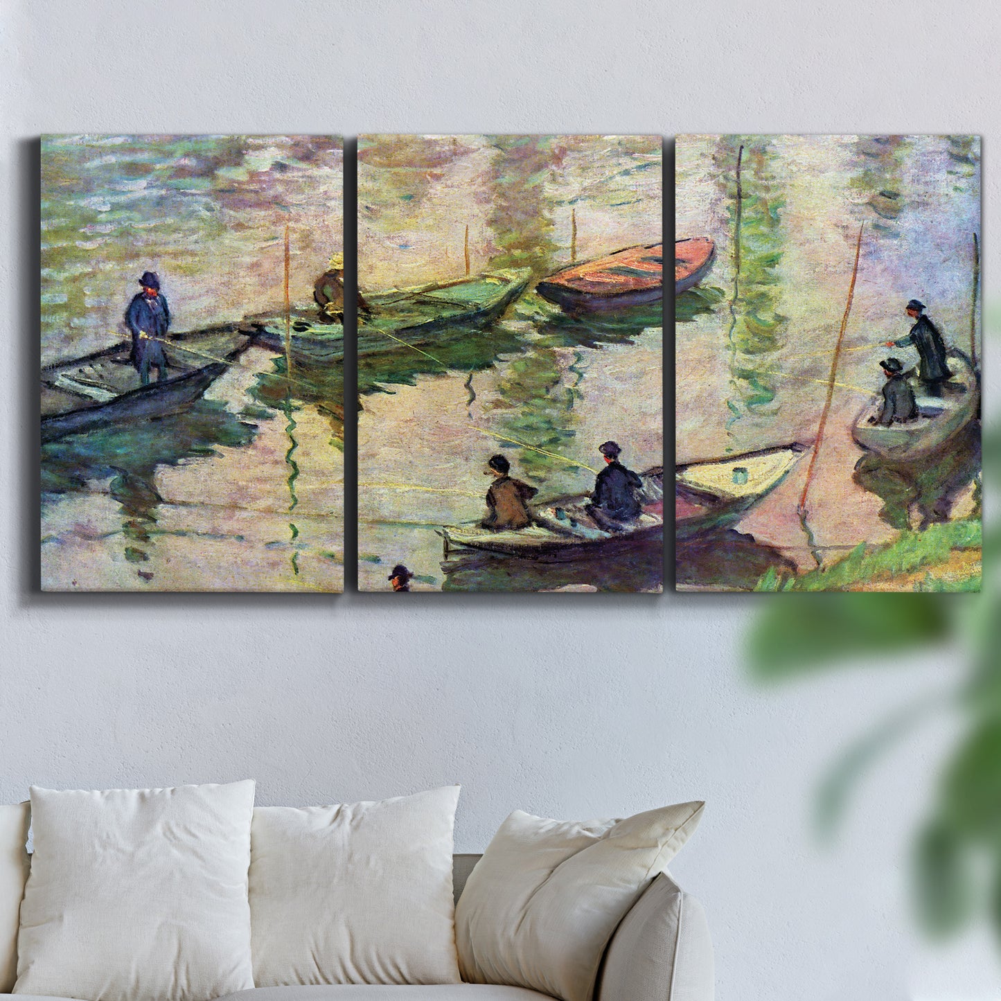 Three-panel canvas wall art featuring river scene with boats and reflections, displayed in a living room above a sofa.