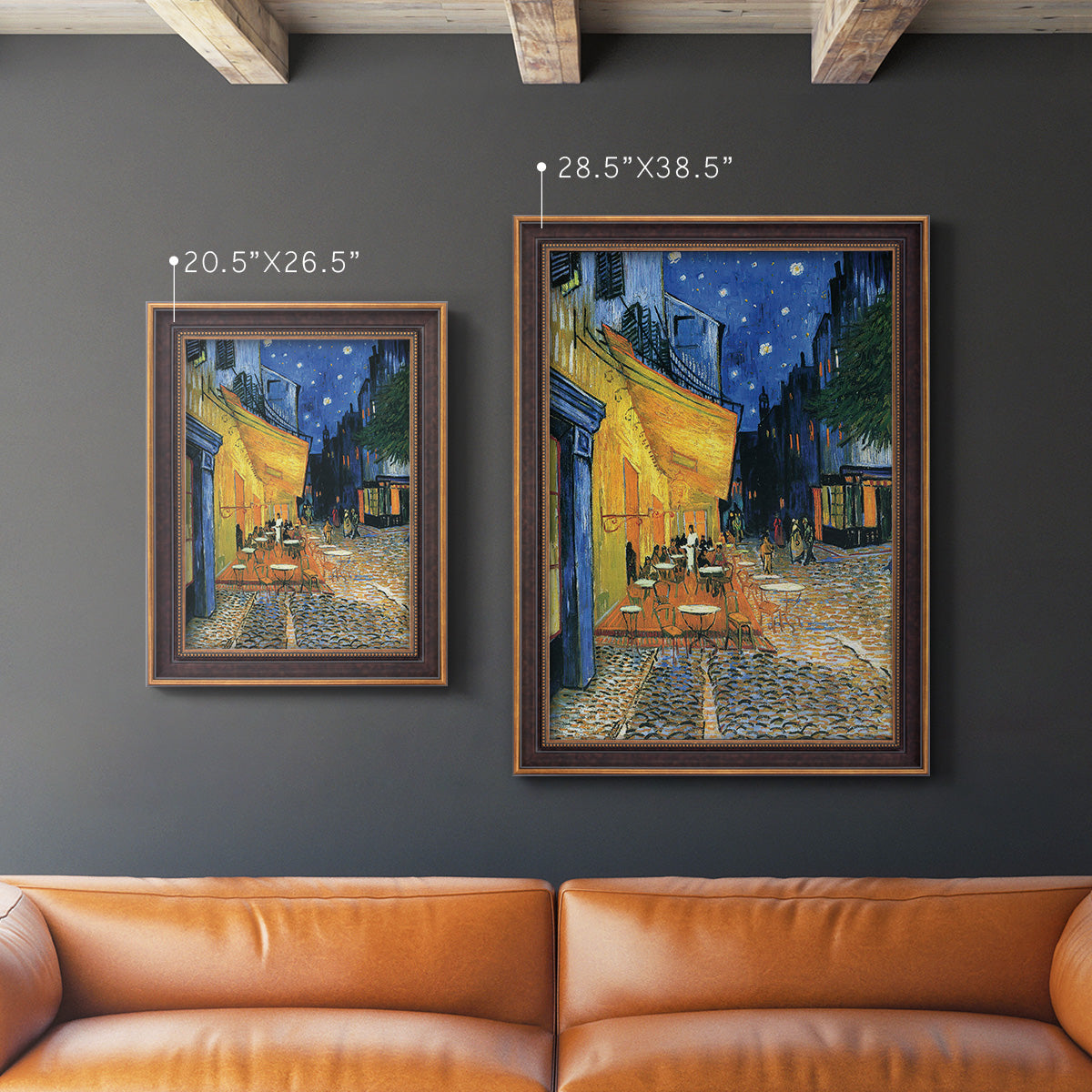 Impressionist night café street scene by Vincent van Gogh in an ornate bronzed mahogany wood frame shown in multiple vertical size options.