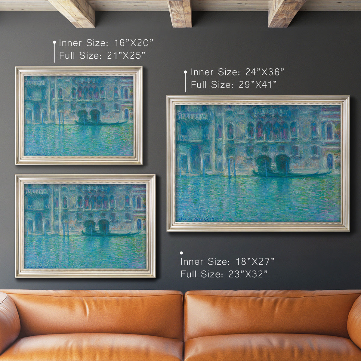Impressionist Venetian palace waterfront scene by Claude Monet in an ornate champagne frame shown in multiple size options.