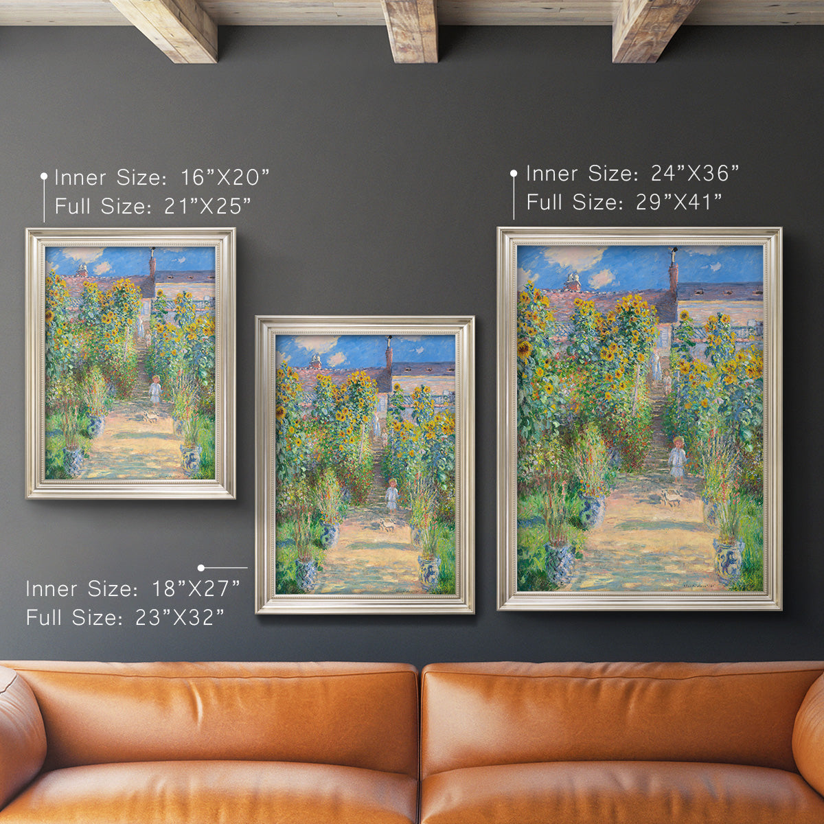 Impressionist garden landscape painting by Claude Monet in an ornate champagne frame shown in multiple vertical size options.