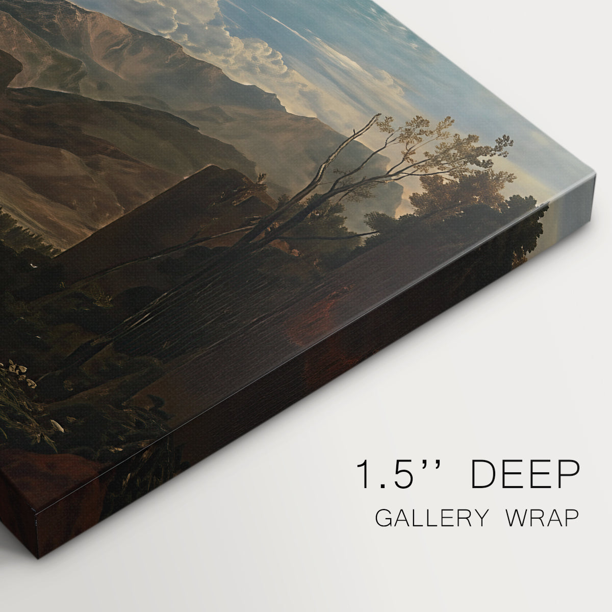 Canvas art print of a mountain landscape with town and river under dramatic sky, highlighting texture and gallery-wrapped edges