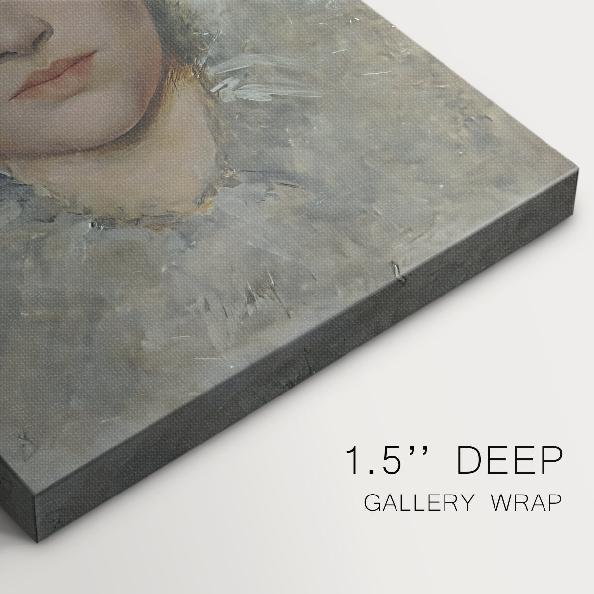 Close-up of a gallery-wrapped canvas corner showing a soft composition focusing on facial structure, highlighting texture and print detail.