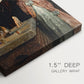 Close-up of a gallery-wrapped canvas corner showing a moody interior with figures and detailed workspace, highlighting texture and print detail.