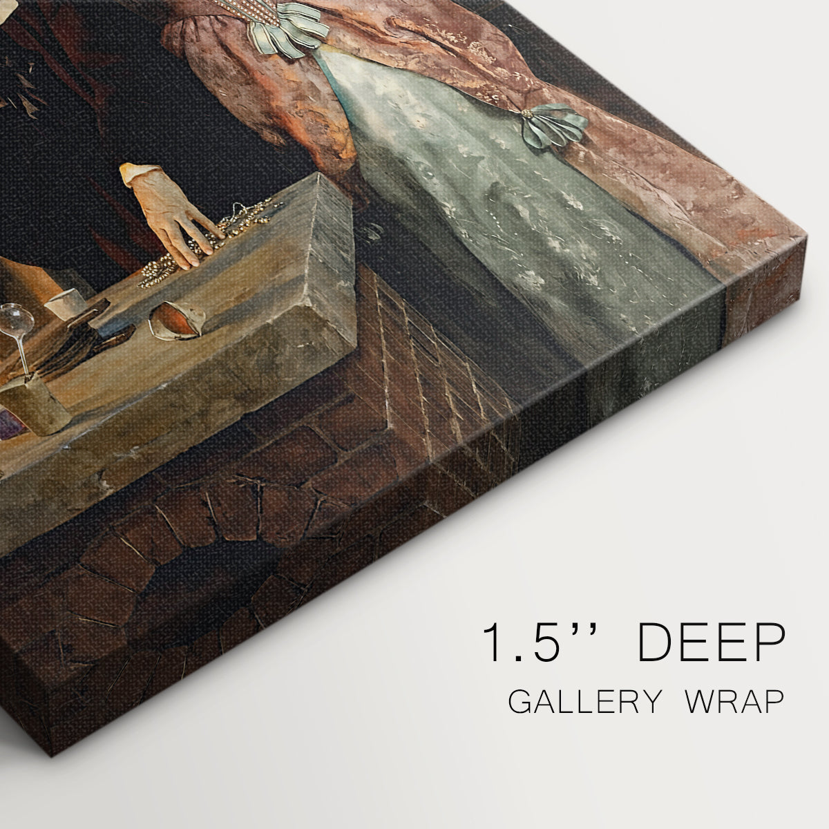 Close-up of a gallery-wrapped canvas corner showing a moody interior with figures and detailed workspace, highlighting texture and print detail.
