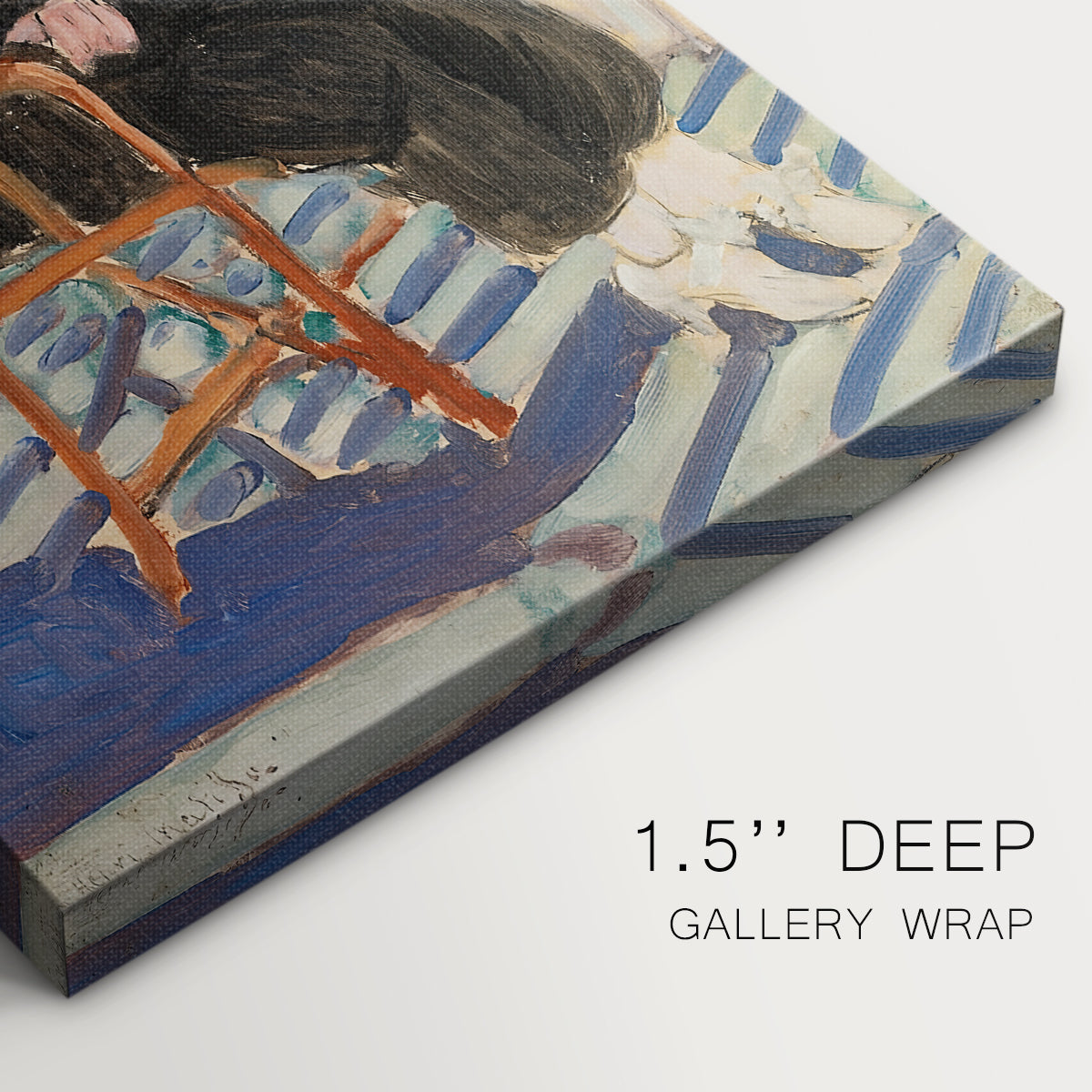 Close-up of a gallery-wrapped canvas corner showing a vivid scene with balcony setting and open water, highlighting texture and print detail.