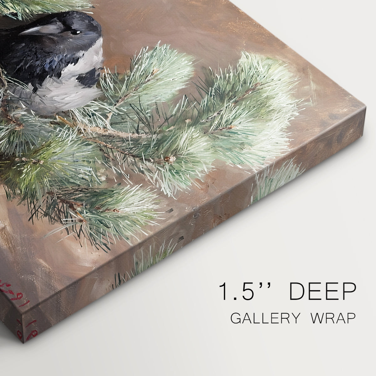 Canvas art print of two crows perched on ground among grass and earth tones, highlighting texture and gallery-wrapped edges