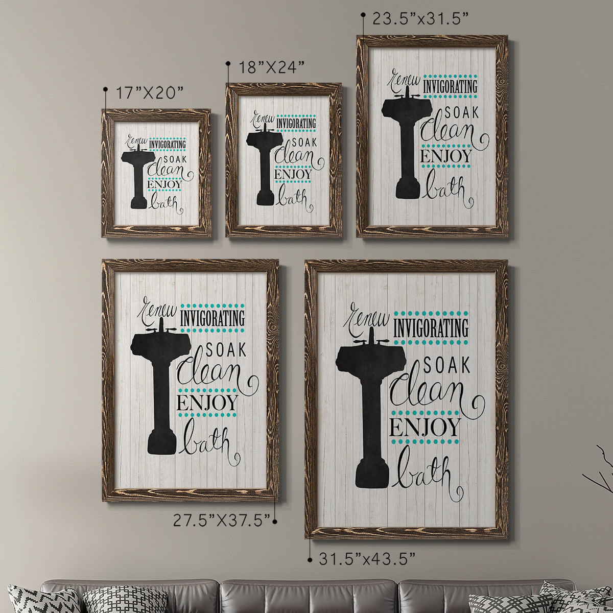 Size comparison chart for a set of two walnut barnwood framed canvas prints.
