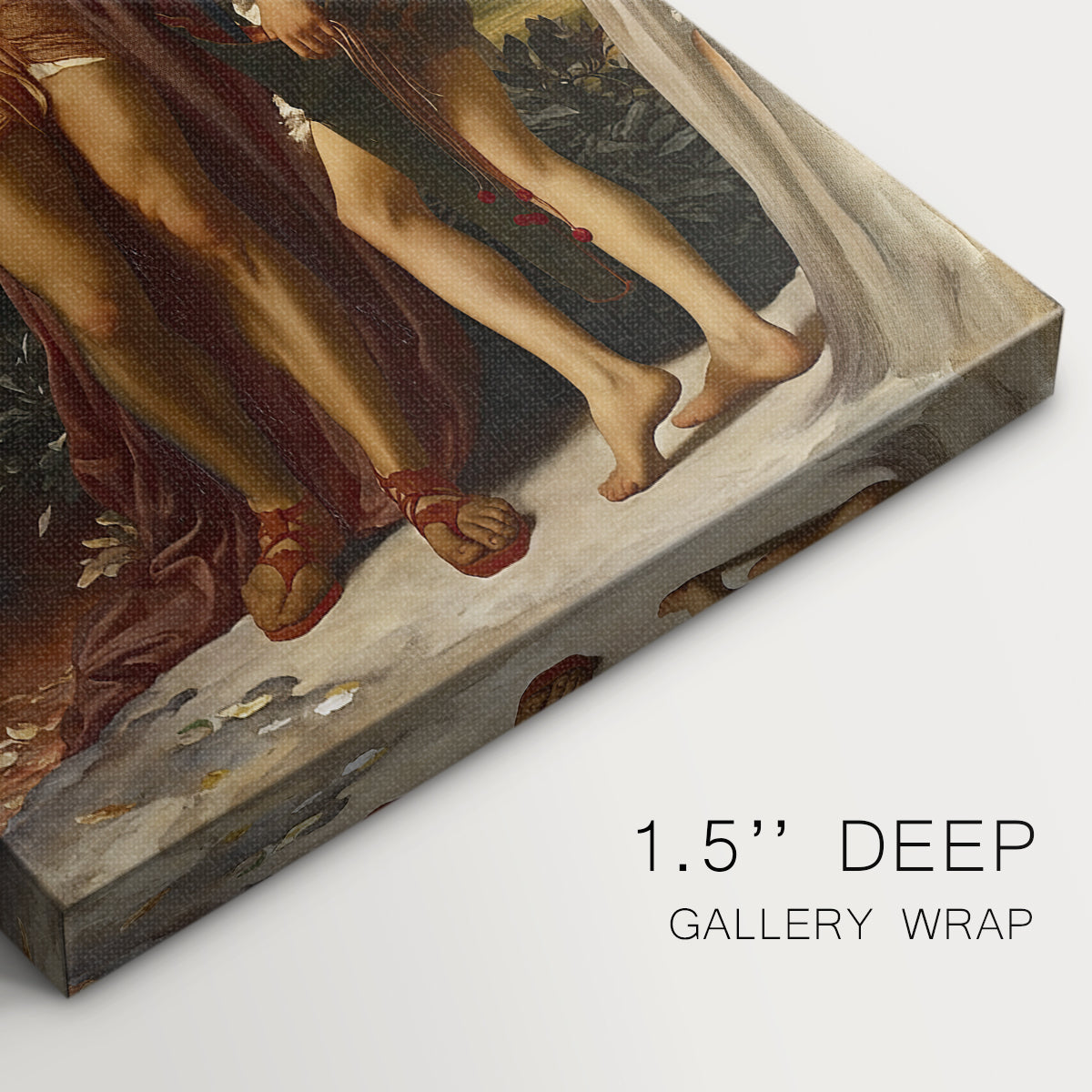 Close-up of a gallery-wrapped canvas corner showing a calm scene with two figures in a natural setting, highlighting texture and print detail.