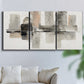 Three-panel canvas wall art featuring urban abstract watercolor oasis, displayed in a living room above a sofa.