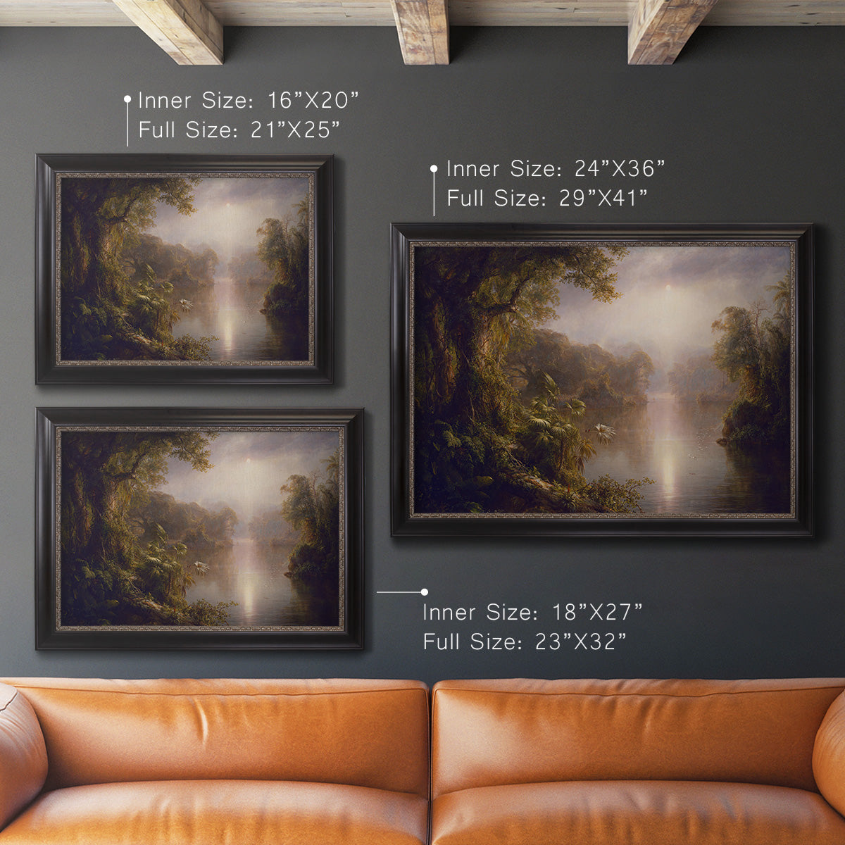 Luminous romantic landscape painting by Frederic Edwin Church in an ornate black frame with gilded inner detail shown in multiple size options.