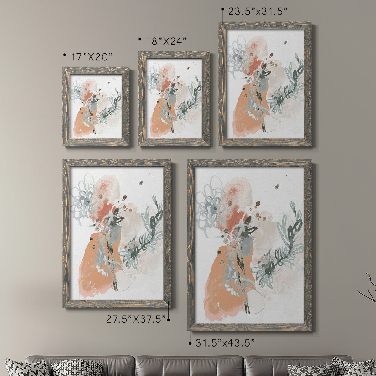 Size comparison chart for a set of two gray barnwood framed canvas prints.