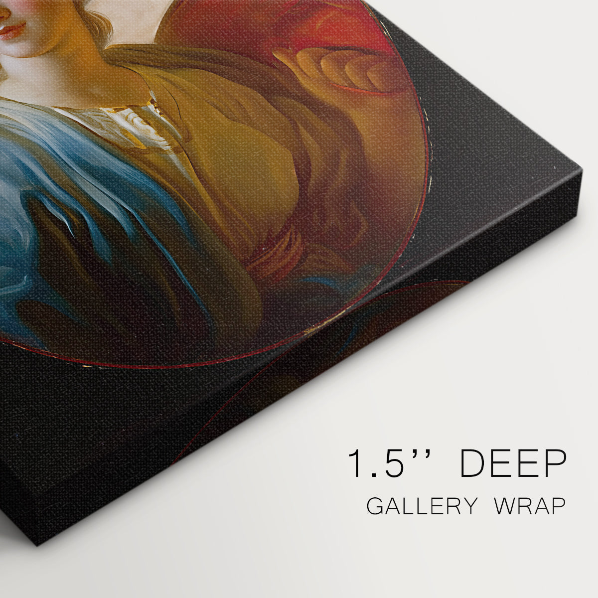 Close-up of a gallery-wrapped canvas corner showing a refined portrait with smooth textures, highlighting texture and print detail.