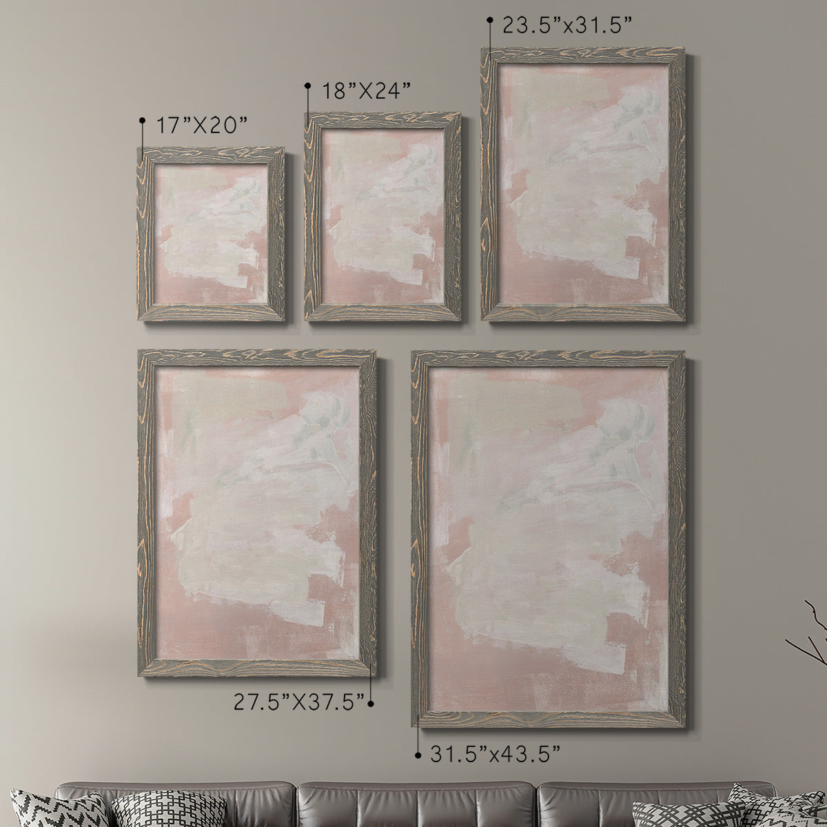 Size comparison chart for a set of two gray barnwood framed canvas prints.