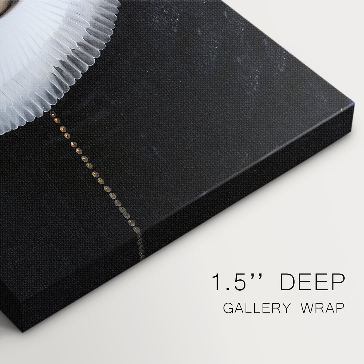 Close-up of a gallery-wrapped canvas corner showing a dignified figure with smooth texture and depth, highlighting texture and print detail.