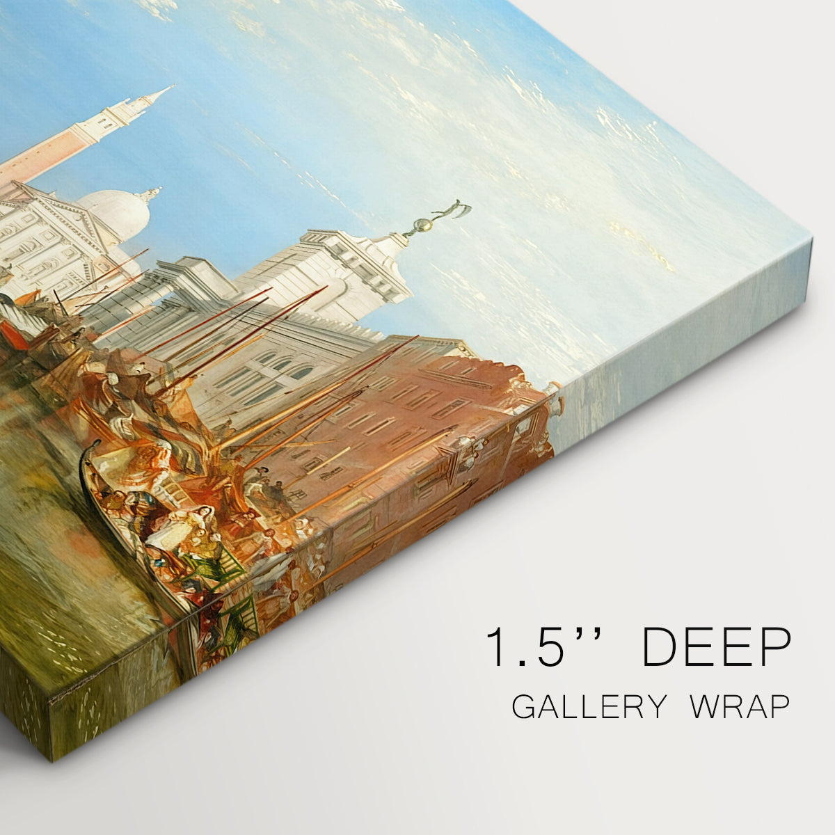 Canvas art print of a Venetian waterfront with boats and iconic buildings, highlighting texture and gallery-wrapped edges