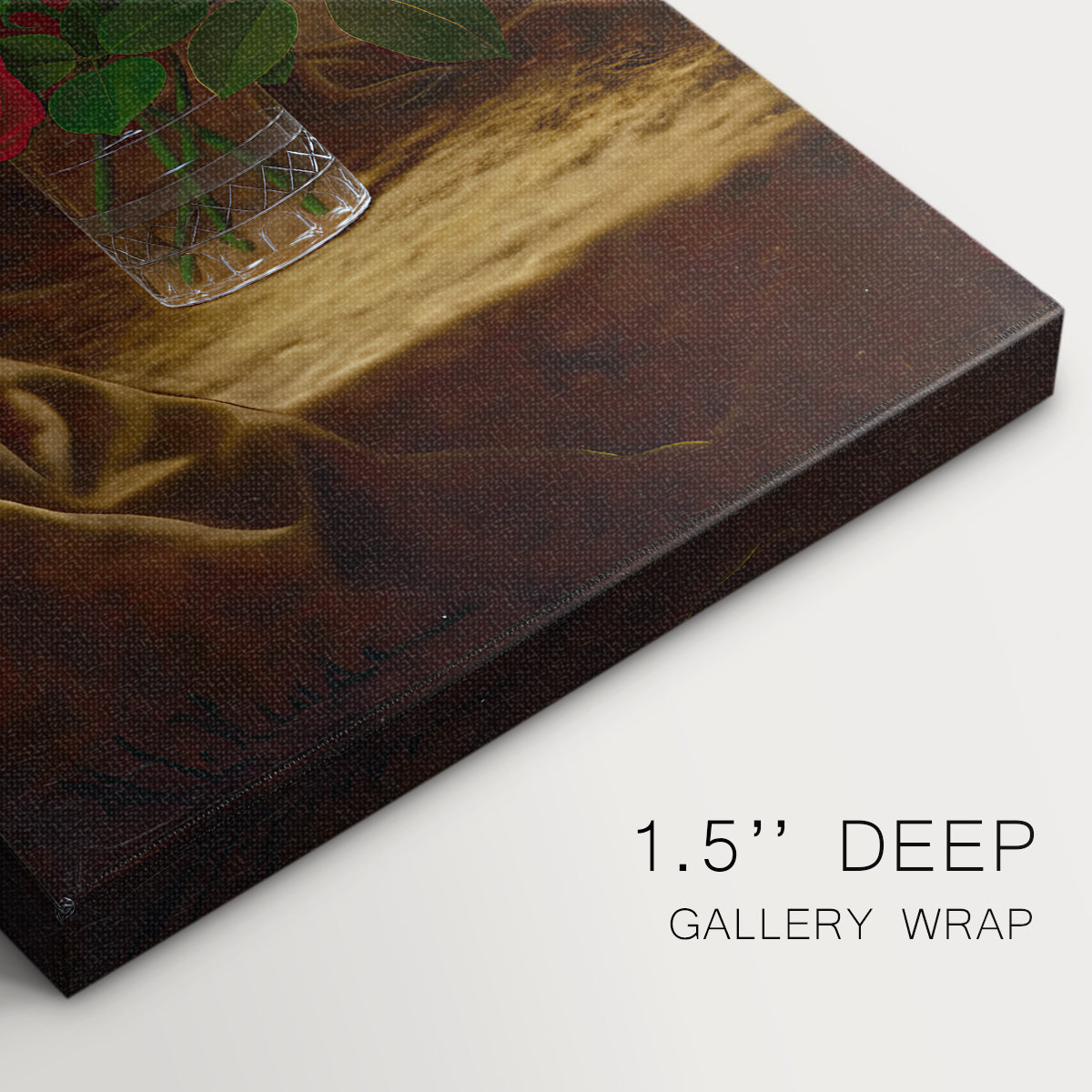 Close-up of a gallery-wrapped canvas corner showing a classic still life with smooth texture and contrast, highlighting texture and print detail.