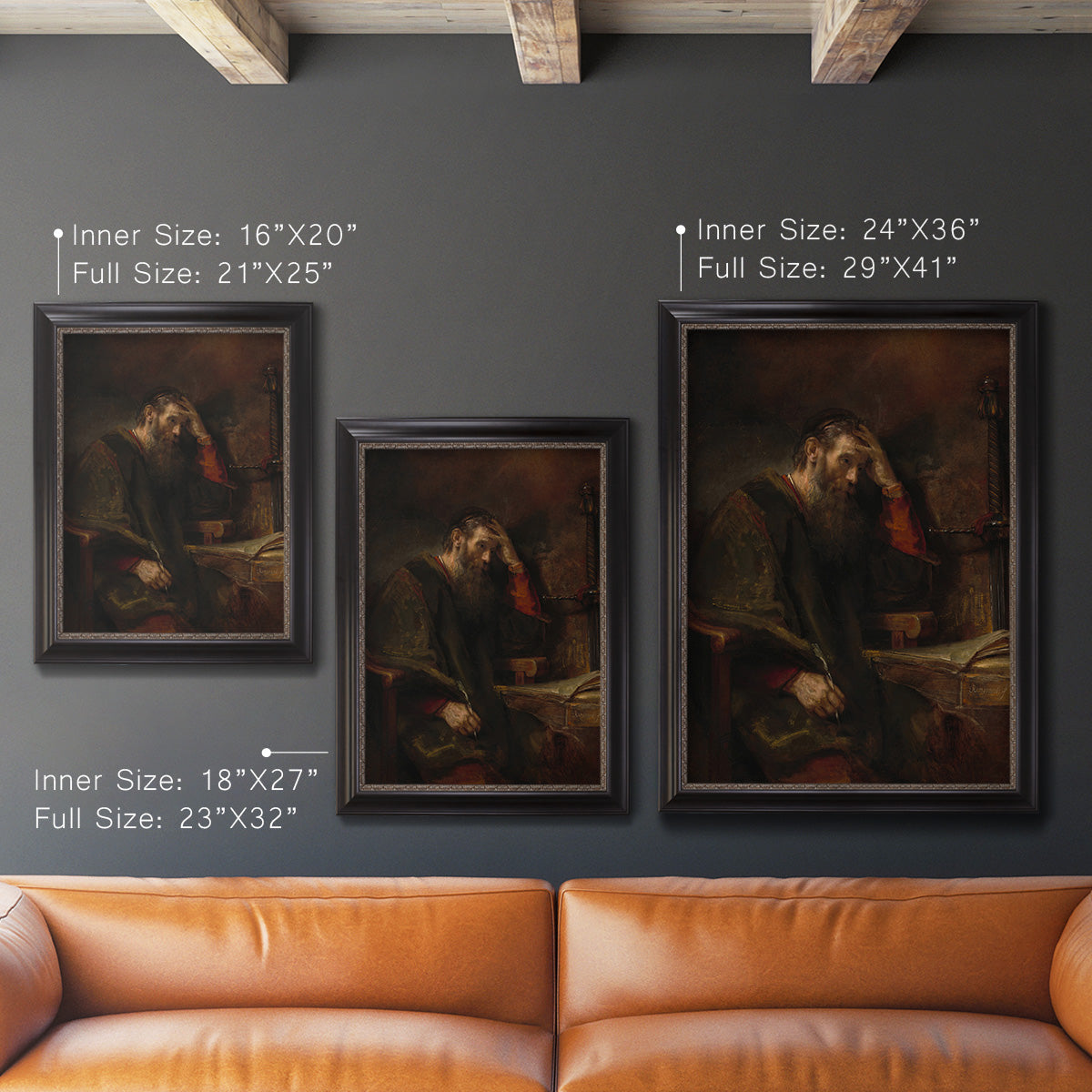 Classical religious portrait of Paul the Apostle by Rembrandt van Rijn in an ornate black frame with gilded inner detail shown in multiple vertical size options.