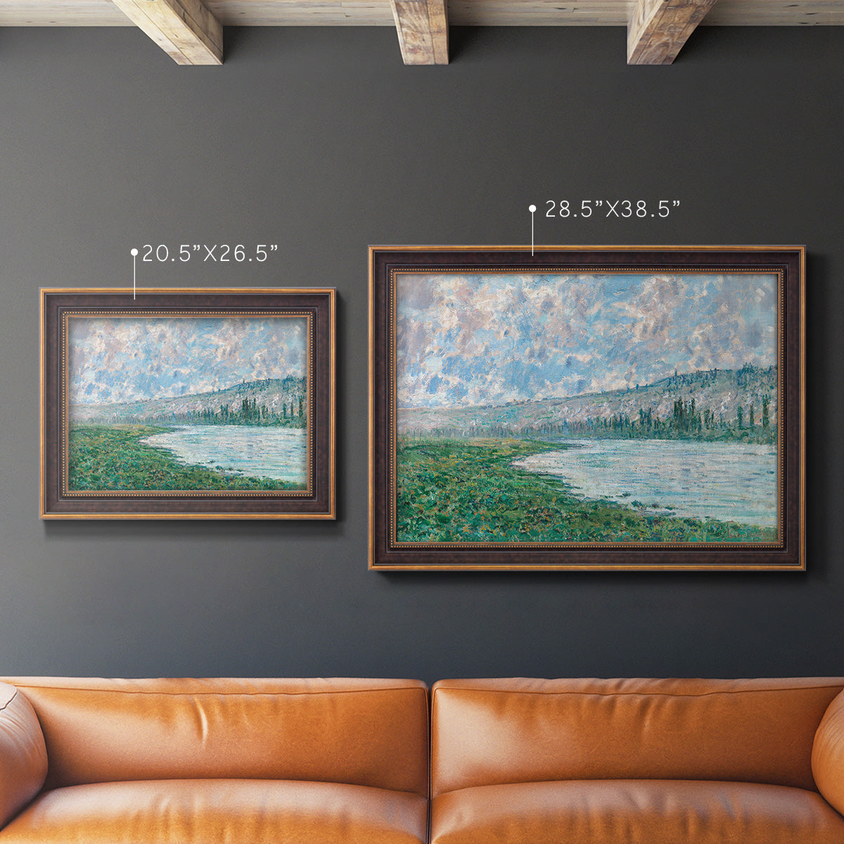Impressionist river landscape at Vétheuil by Claude Monet in an ornate bronzed mahogany wood frame shown in multiple size options.