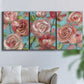 Three-panel canvas wall art featuring playful peach toned floral composition, displayed in a living room above a sofa.