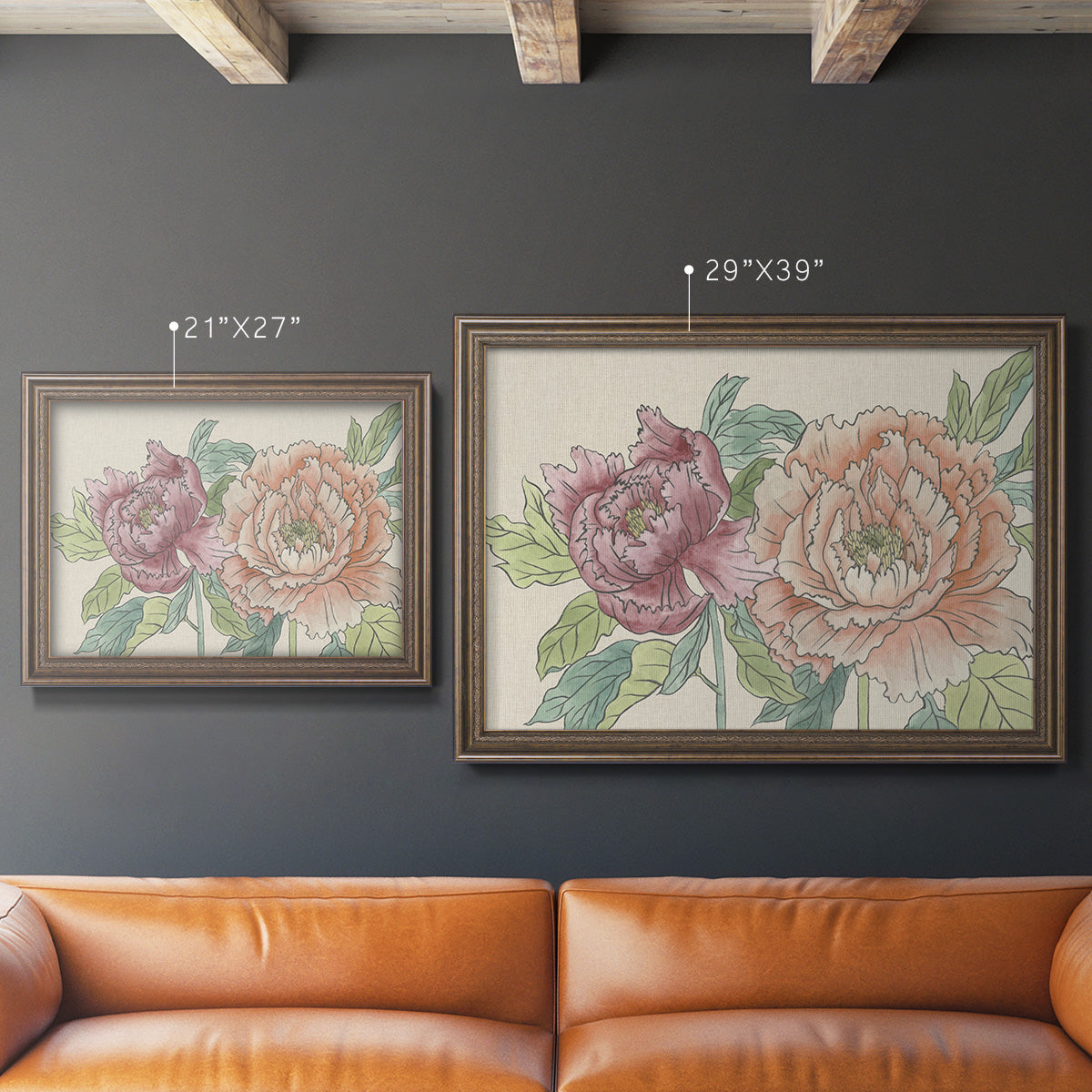 Modern peony floral drawing in an ornate traditional bronze frame shown in multiple size options.