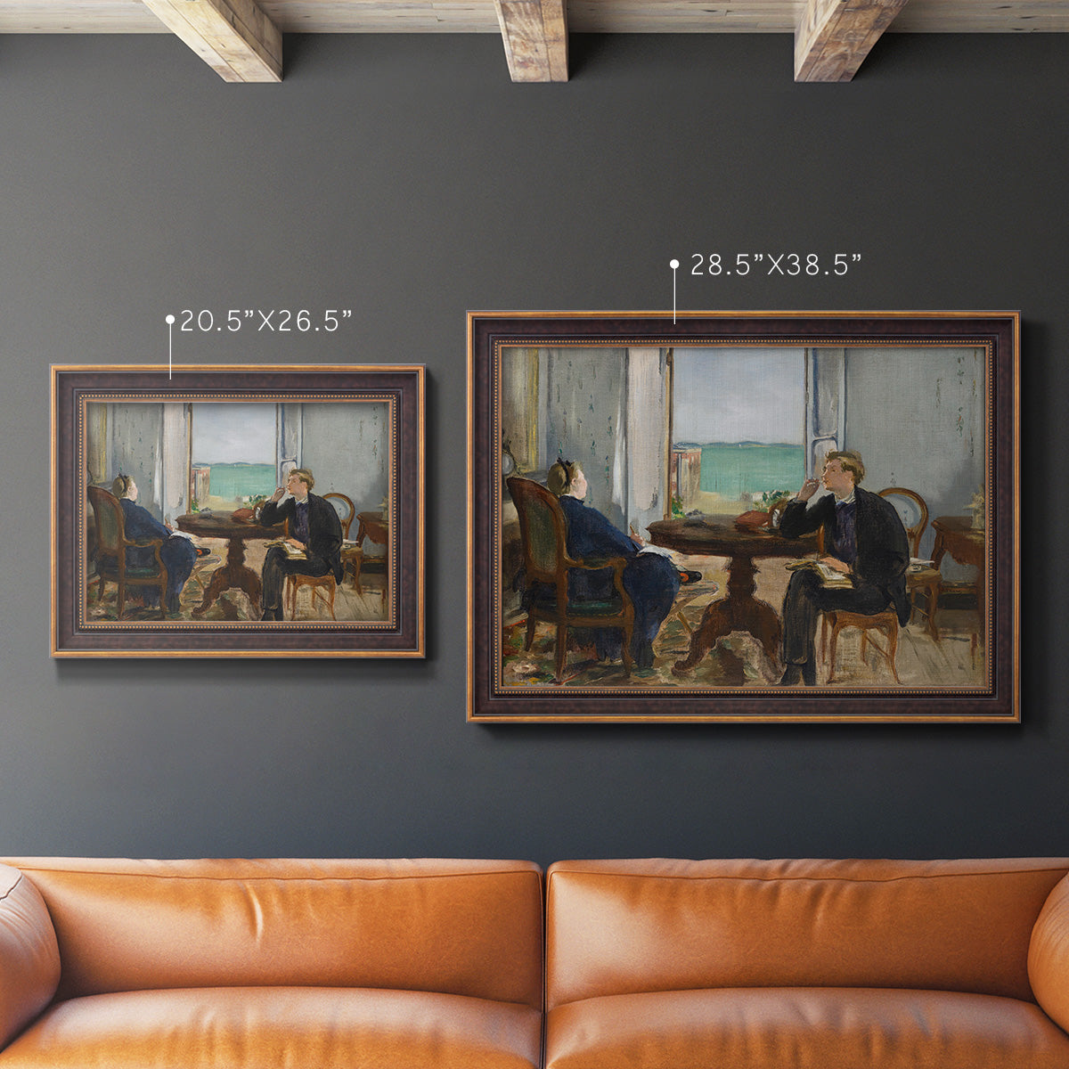 Impressionist interior scene by Édouard Manet in an ornate bronzed mahogany wood frame shown in multiple size options.