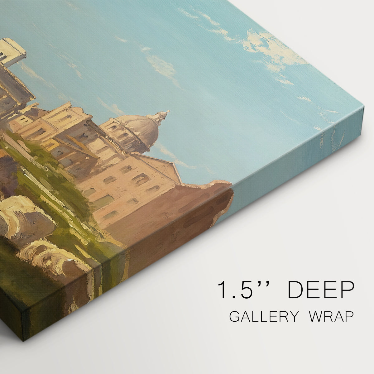 Canvas art print of ancient ruins of Roman Forum with architectural structures and open sky, highlighting texture and gallery-wrapped edges