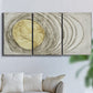 Three-panel canvas wall art featuring circular abstract energy forms, displayed in a living room above a sofa.