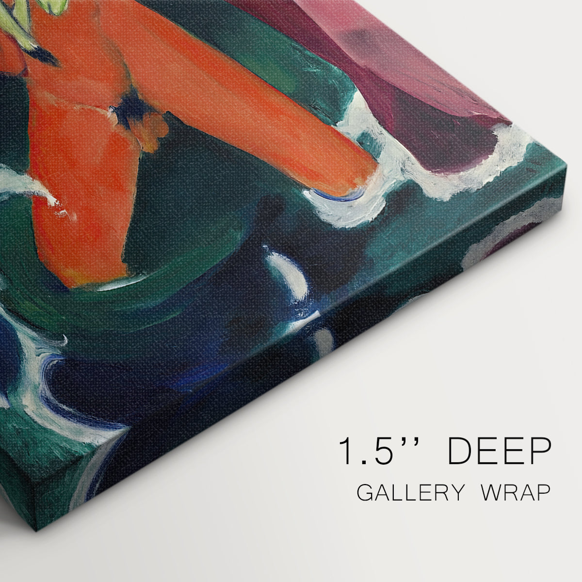 Close-up of a gallery-wrapped canvas corner showing an abstract figure study with gentle animal presence, highlighting texture and print detail.