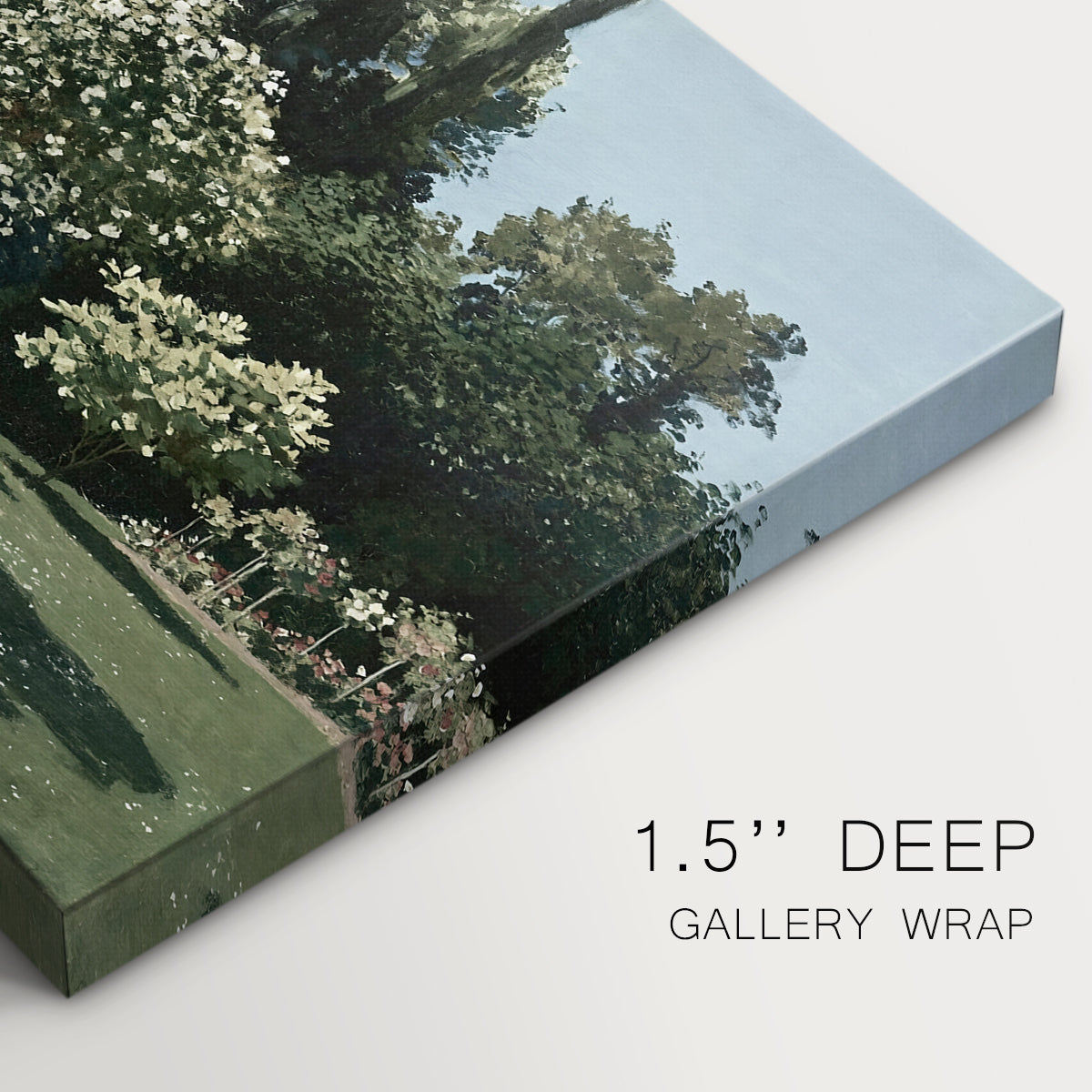 Canvas art print of a woman standing in garden surrounded by flowers and greenery, highlighting texture and gallery-wrapped edges