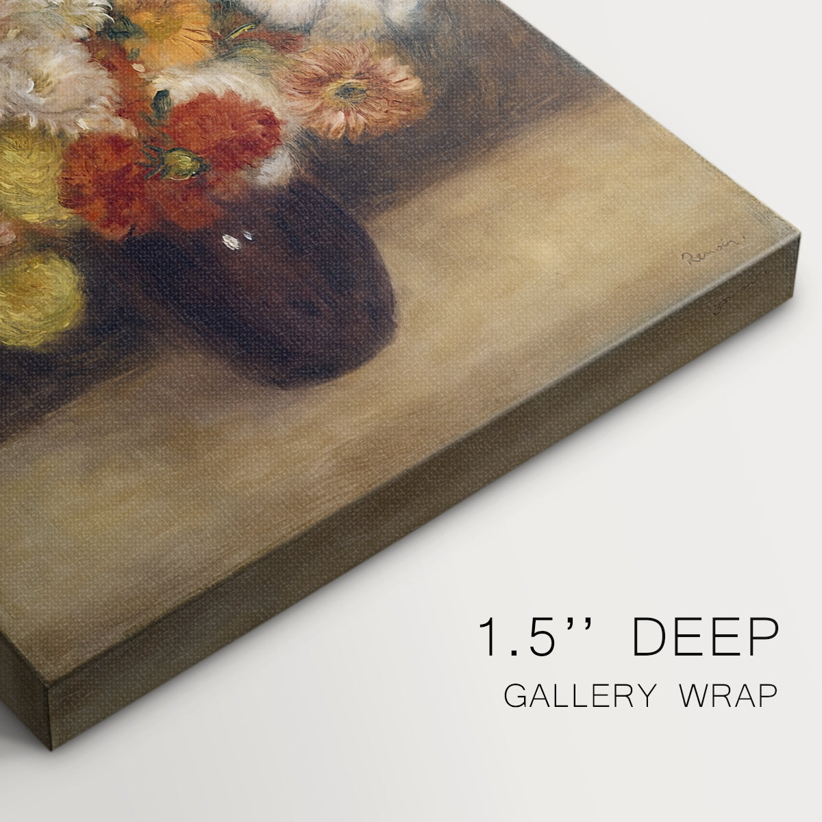 Close-up of a gallery-wrapped canvas corner showing a classic floral still life with warm natural hues, highlighting texture and print detail.