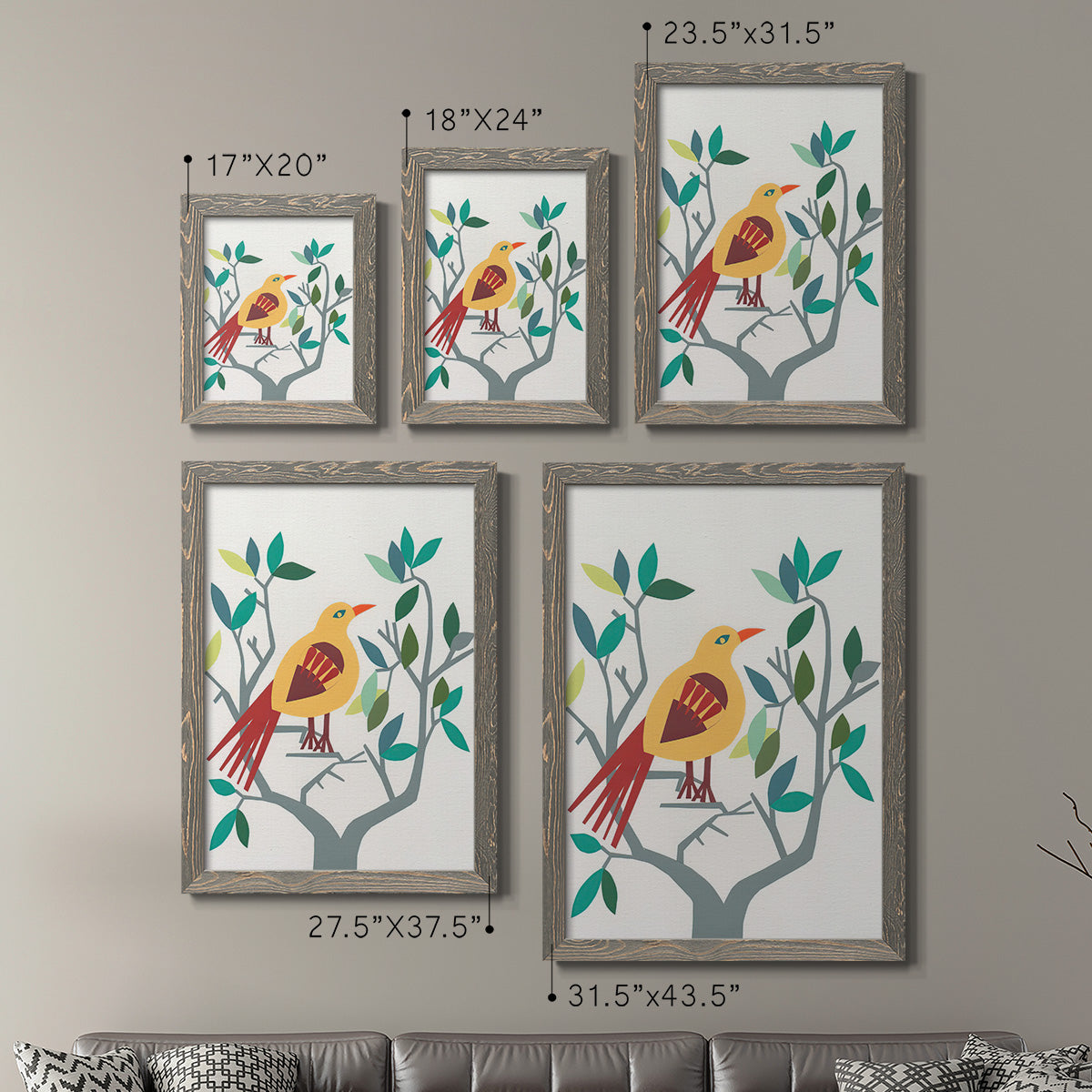 Size comparison chart for a set of two gray barnwood framed canvas prints.