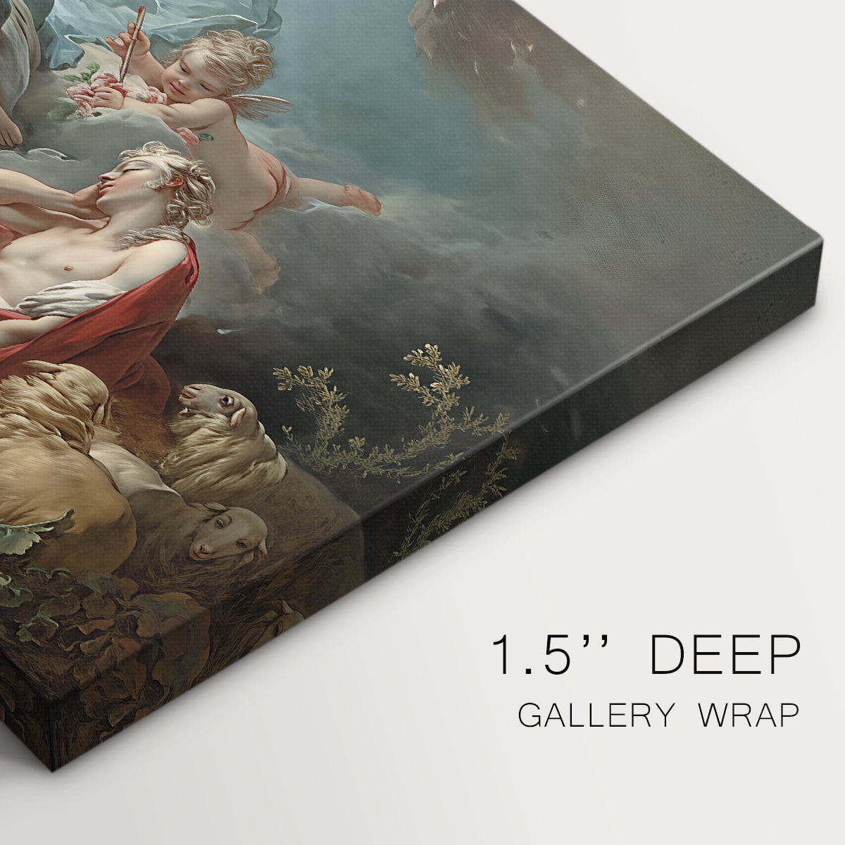 Canvas art print of a reclining male figure with female figure approaching in mythological landscape, highlighting texture and gallery-wrapped edges