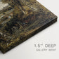 Close-up of a gallery-wrapped canvas corner showing a scenic view with subtle detail and calm atmosphere, highlighting texture and print detail.