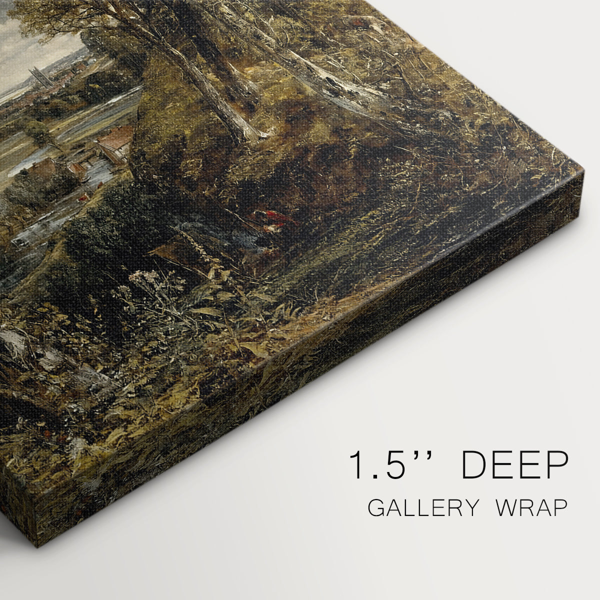 Close-up of a gallery-wrapped canvas corner showing a scenic view with subtle detail and calm atmosphere, highlighting texture and print detail.
