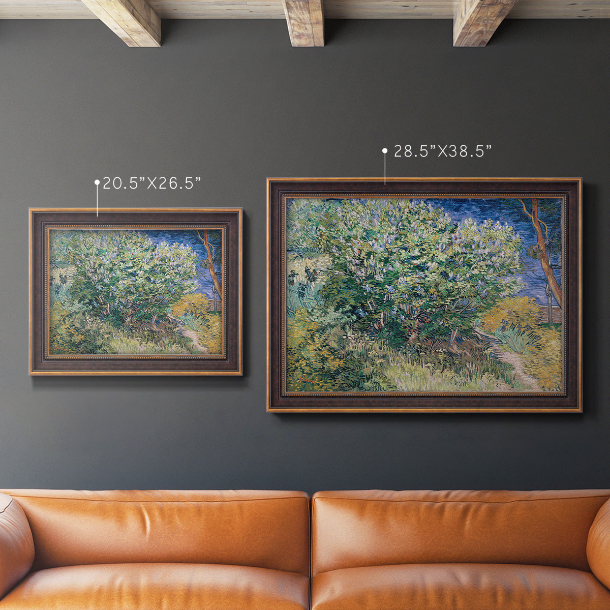 Impressionist lilac flower painting by Vincent van Gogh in an ornate bronzed mahogany wood frame shown in multiple size options.