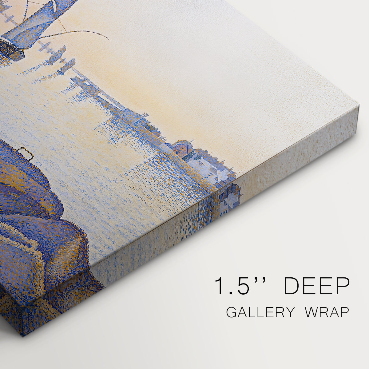 Canvas art print of a quiet harbor at sunset, highlighting texture and gallery-wrapped edges