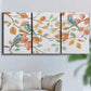 Three-panel canvas wall art featuring decorative bird trio illustration, displayed in a living room above a sofa.
