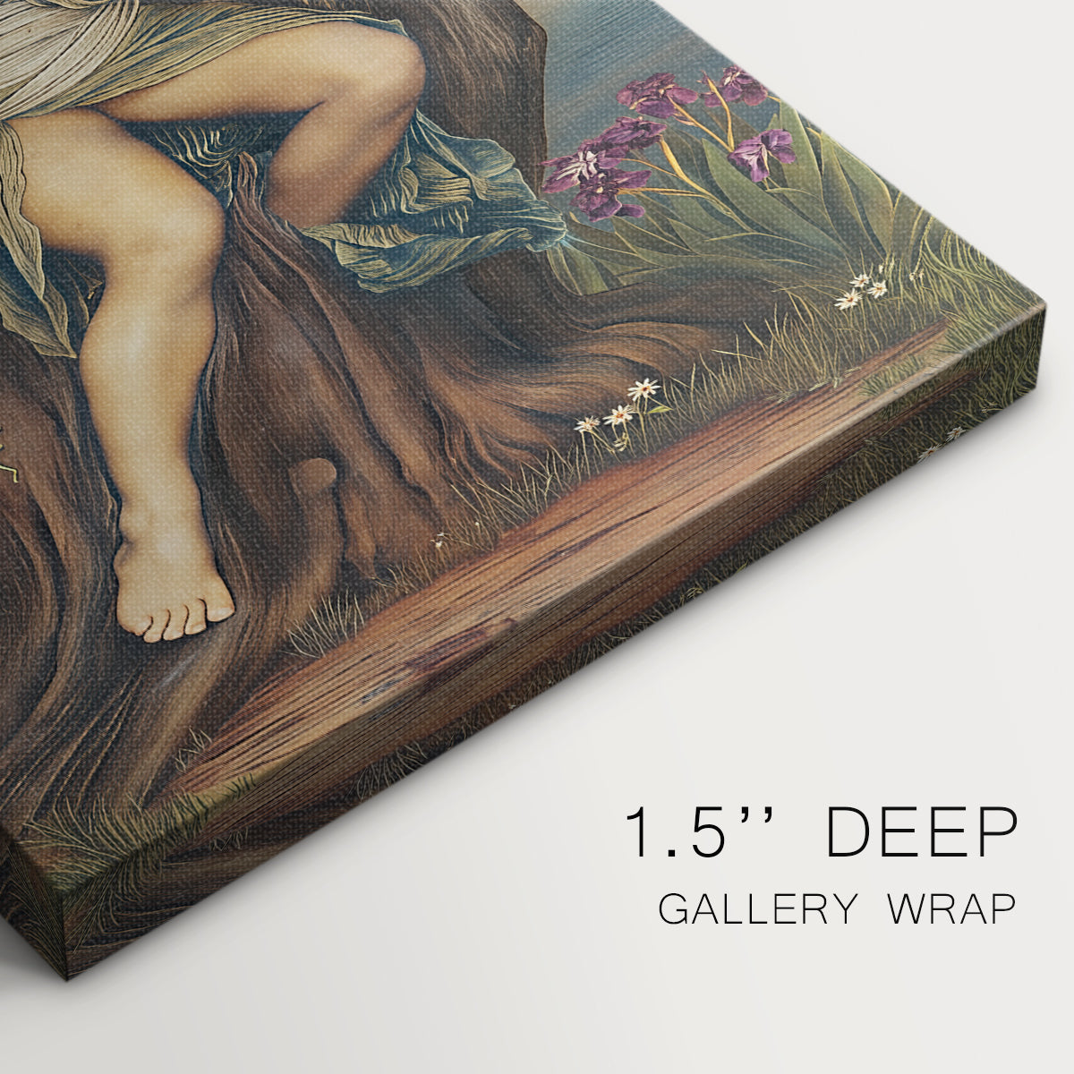 Close-up of a gallery-wrapped canvas corner showing a stylized spirit form blending with surrounding foliage, highlighting texture and print detail.