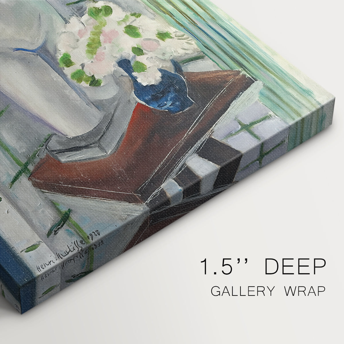 Close-up of a gallery-wrapped canvas corner showing a vivid still life combining figure form and flowers, highlighting texture and print detail.