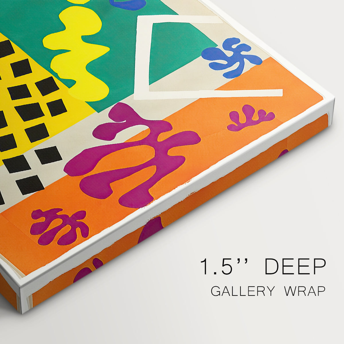 Canvas art print of an abstract arrangement of organic cut-out shapes in bold contrasting colors, highlighting texture and gallery-wrapped edges