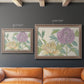 Contemporary peony flower illustration in an ornate traditional silver frame shown in multiple size options.