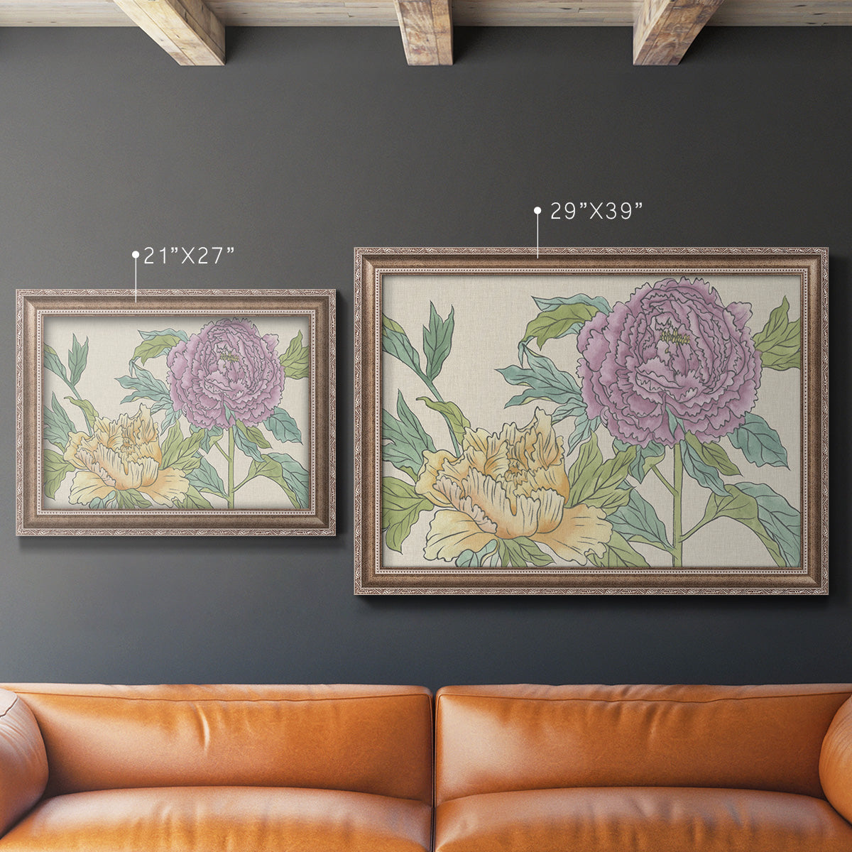 Contemporary peony flower illustration in an ornate traditional silver frame shown in multiple size options.
