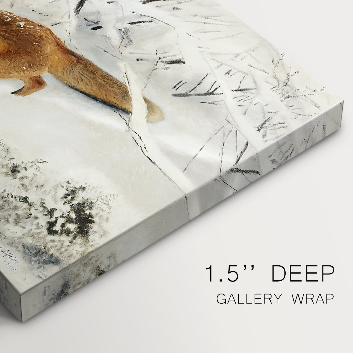 Canvas art print of a fox running across snowy landscape with sparse vegetation, highlighting texture and gallery-wrapped edges
