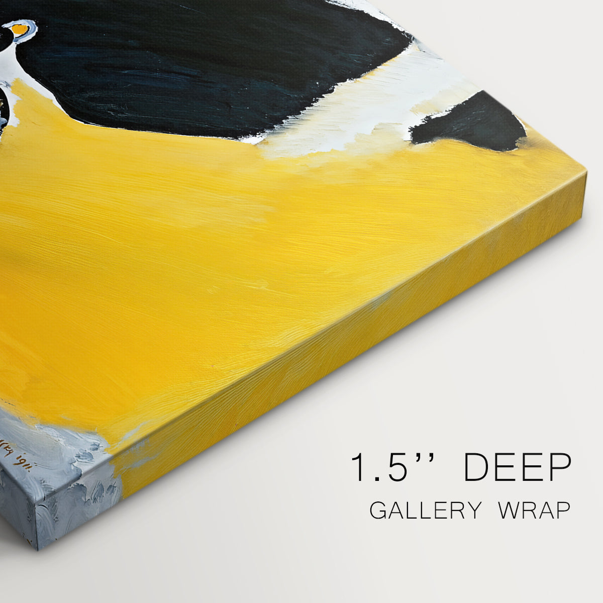 Canvas art print of an abstract composition dominated by dark forms and bright yellow field suggesting musical performance, highlighting texture and gallery-wrapped edges