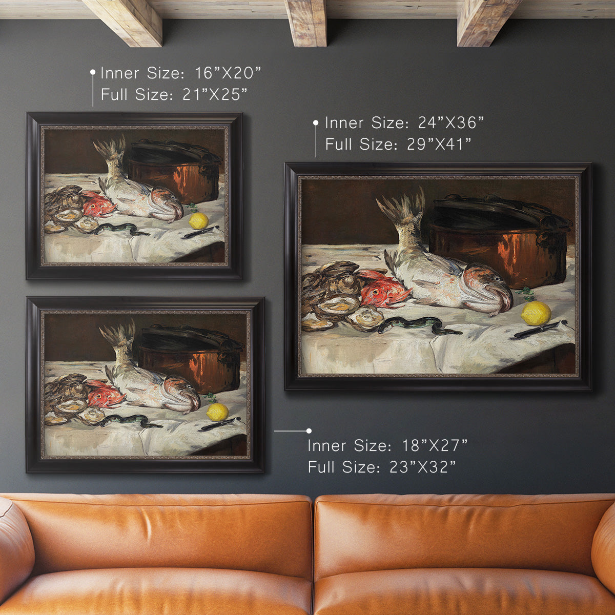 Impressionist still life painting of fish by Édouard Manet in an ornate black frame with gilded inner detail shown in multiple size options.